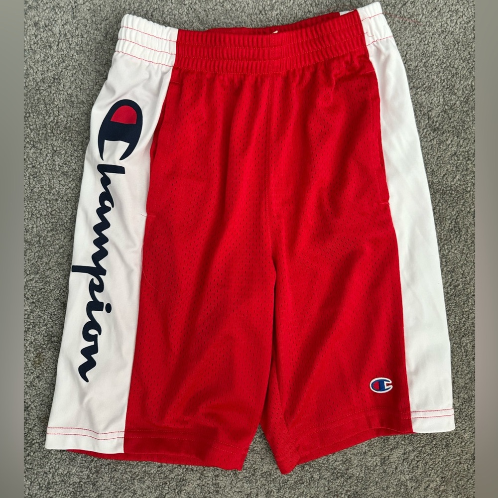 Champions, red and white boys shorts size large